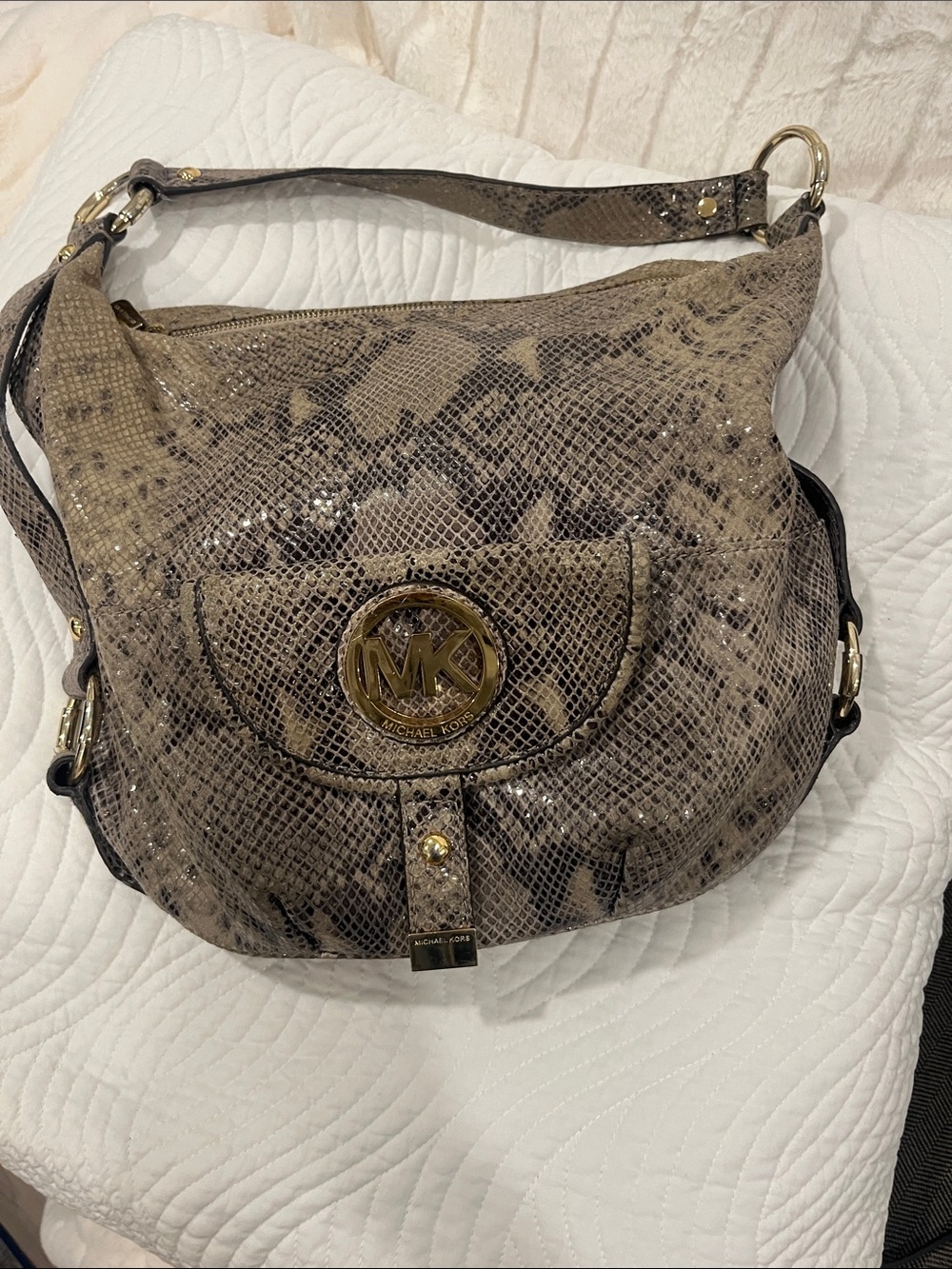Michael Kors Taupe Snake-Print Hobo with Gold Logo